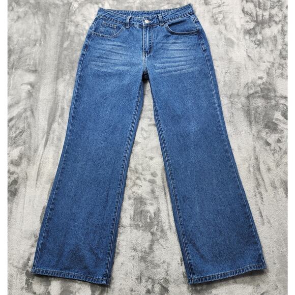 Shein Jeans Womens M Blue Mid Rise Wide Leg Stretch Denim Medium Wash Faded - Picture 1 of 12